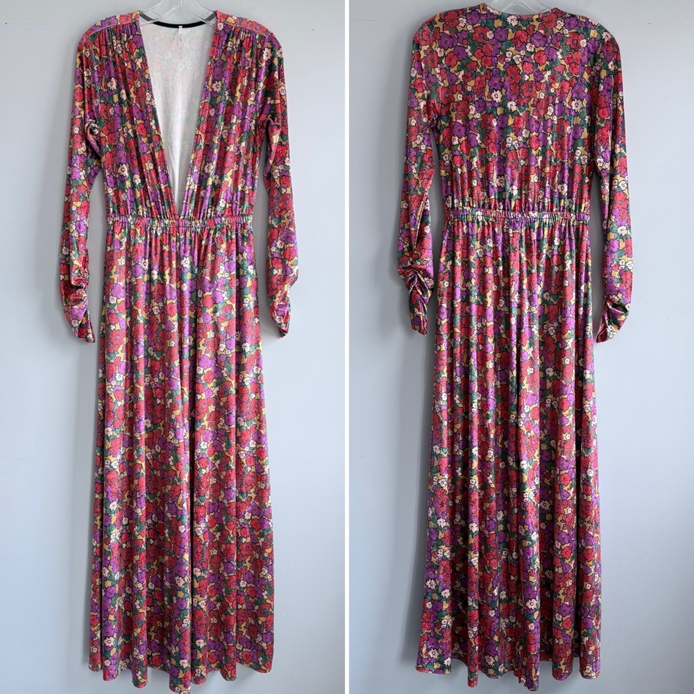 Free People Giselle Velvet Billowy Wide Leg Jumpsuit Deep V Neck Floral Print S - Picture 6 of 16